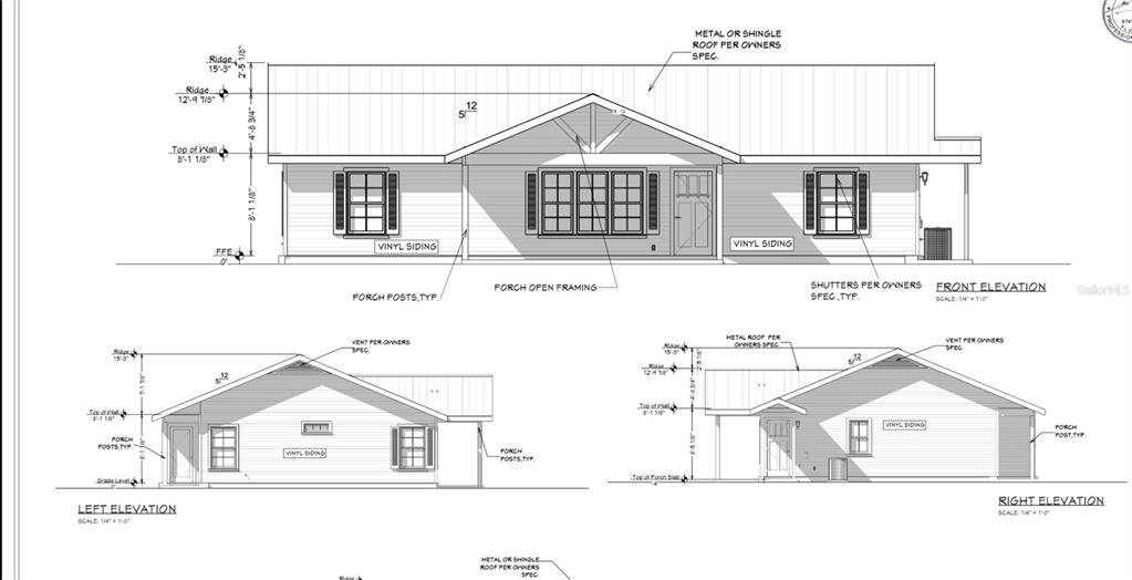 This architectural rendering shows the front, left, and right exterior elevations of a house — 354 HOOT OWL ROAD, SATSUMA, FL