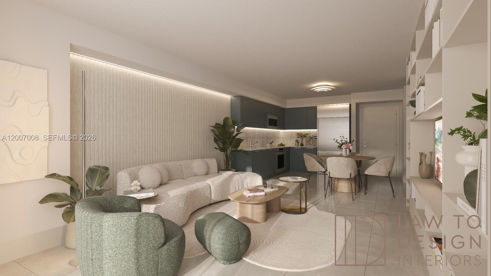 This rendering shows an open-concept living room and kitchen with modern furniture and neutral tones — 1300 Brickell Bay Dr # 604, Miami FL 33131, MIAMI, FL