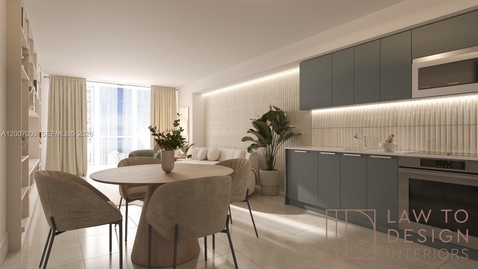 This is a rendering of a modern kitchen and dining area with gray cabinetry — 1300 Brickell Bay Dr # 604, Miami FL 33131, MIAMI, FL