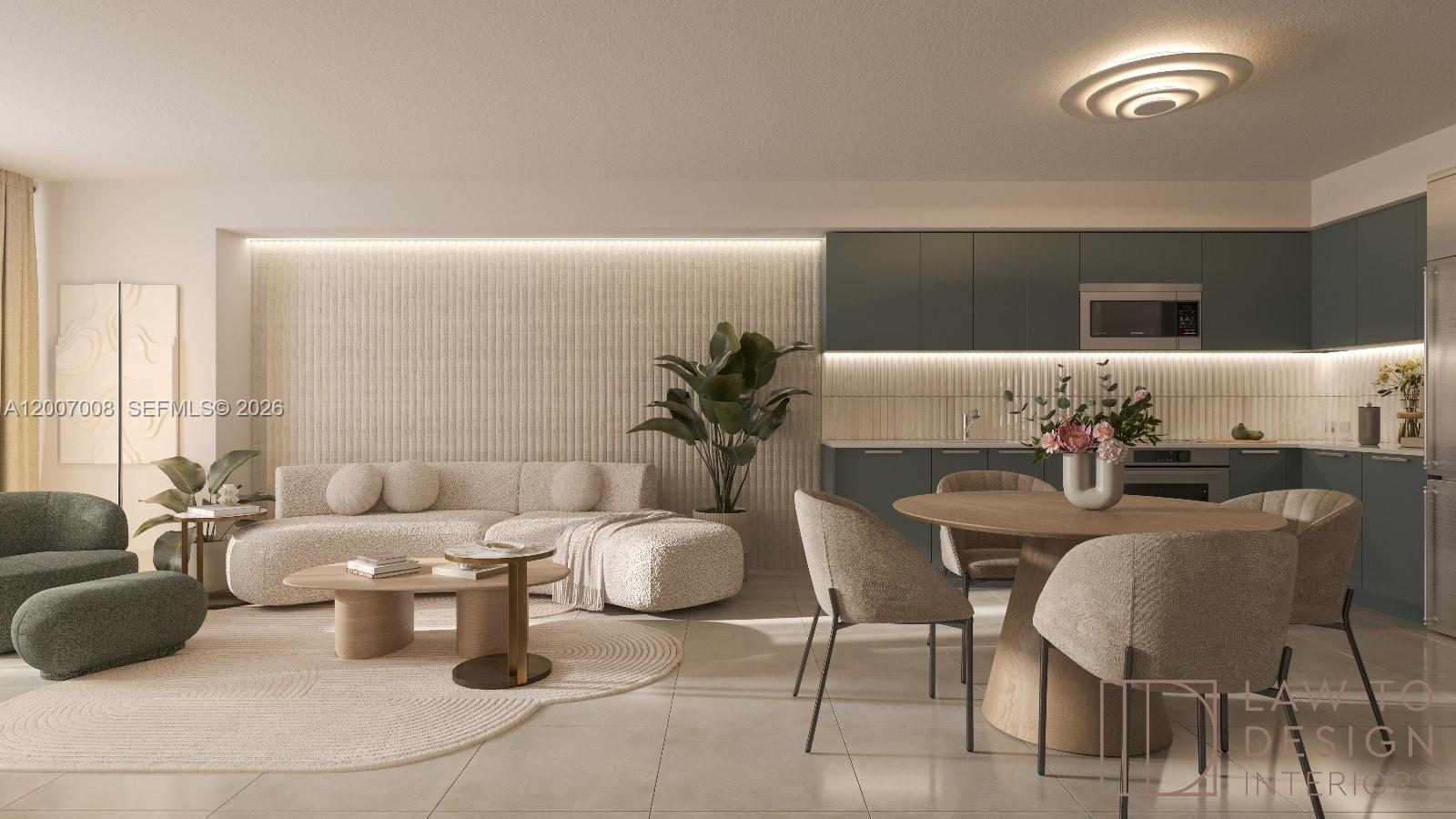 This is a rendering of an open-concept living room and kitchen with neutral-toned furniture — 1300 Brickell Bay Dr # 604, Miami FL 33131, MIAMI, FL