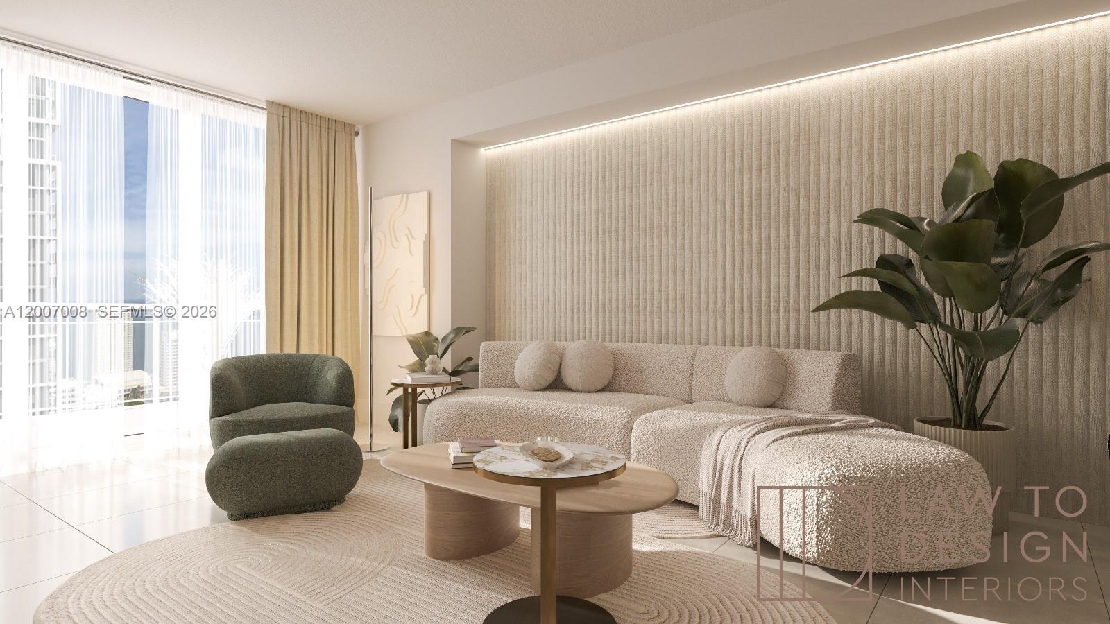 This rendering shows a modern living room featuring a textured accent wall and curved furniture — 1300 Brickell Bay Dr # 604, Miami FL 33131, MIAMI, FL