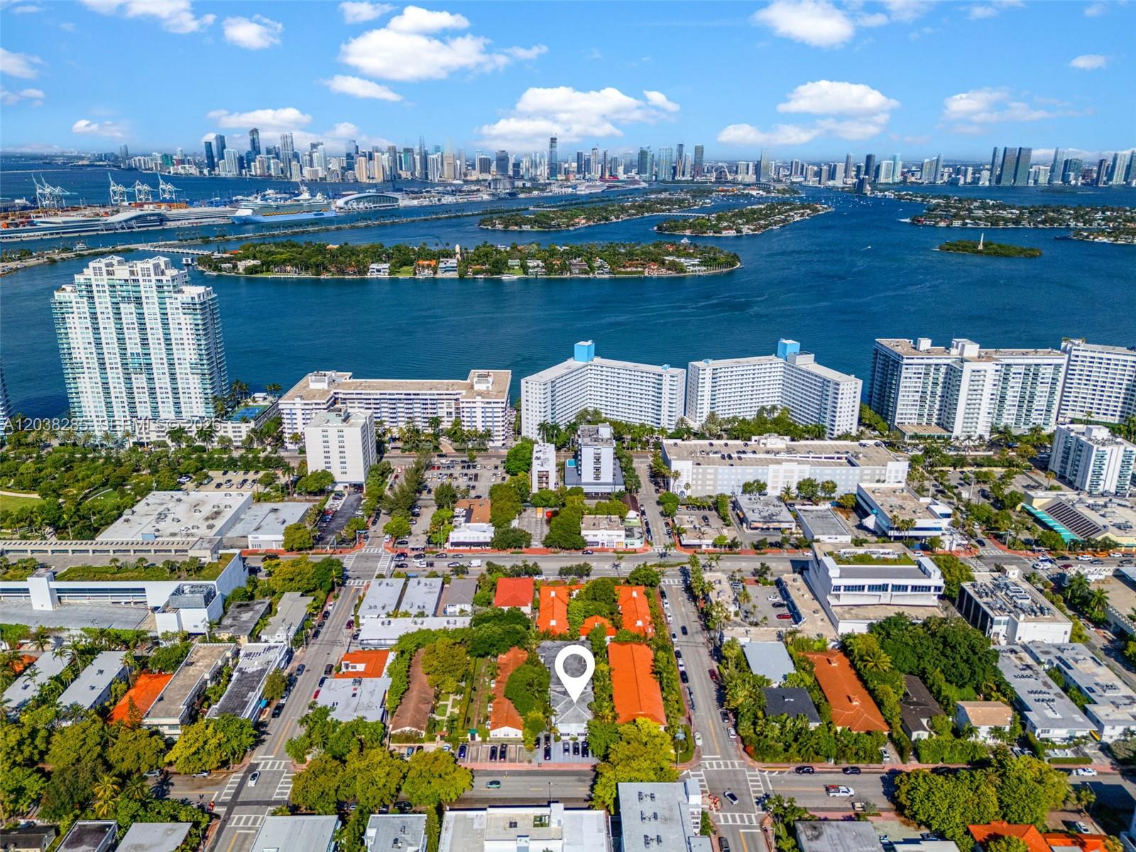 An aerial view shows a residential building with a white location pin in Miami — 840 Lenox Ave # 3, Miami Beach FL 33139, MIAMI BEACH, FL