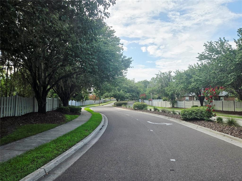 A paved residential street curves past mature trees, green lawns, and white picket fences — 1611 NW 121ST WAY, GAINESVILLE, FL