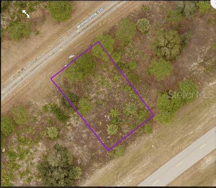 An aerial view shows a vacant, rectangular lot outlined in purple between two paved roads — WINTERVILLE CIRCLE, NORTH PORT, FL