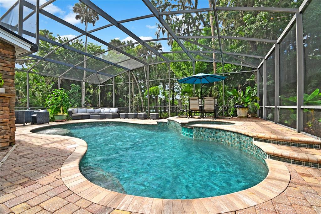 A screened-in patio features a swimming pool, a hot tub, and outdoor patio furniture — 2021 WATERFORD ESTATES DRIVE, NEW SMYRNA BEACH, FL