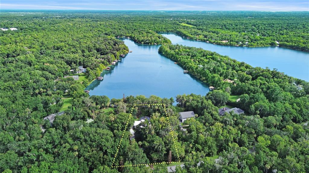 An aerial view shows a wooded property outlined in yellow bordering a large lake — 2021 WATERFORD ESTATES DRIVE, NEW SMYRNA BEACH, FL