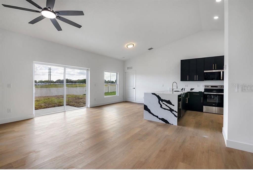 An open-concept kitchen and living area features light wood floors, black cabinets, and marble-patterned island — 1231 DUNBAR AVENUE, SANFORD, FL
