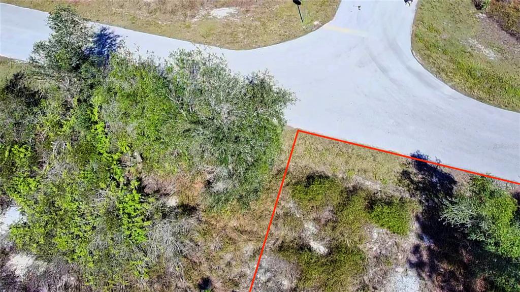An aerial view shows a vacant, wooded lot bordered by a paved road — 27051 CAPISTRANO DRIVE, PUNTA GORDA, FL