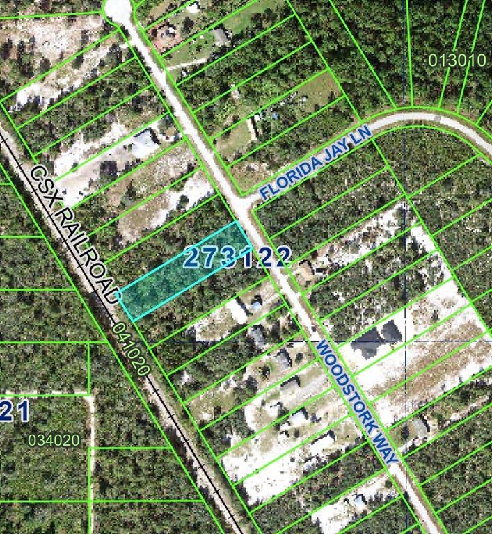 This is a map showing a highlighted rectangular parcel of land adjacent to a railroad — WOODSTORK WAY, FROSTPROOF, FL