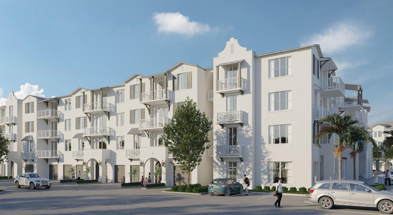 This architectural rendering shows the exterior of a multi-story white apartment building with balconies — 8053 W Oakland Park Boulevard # 101, Sunrise FL 33351, SUNRISE, FL