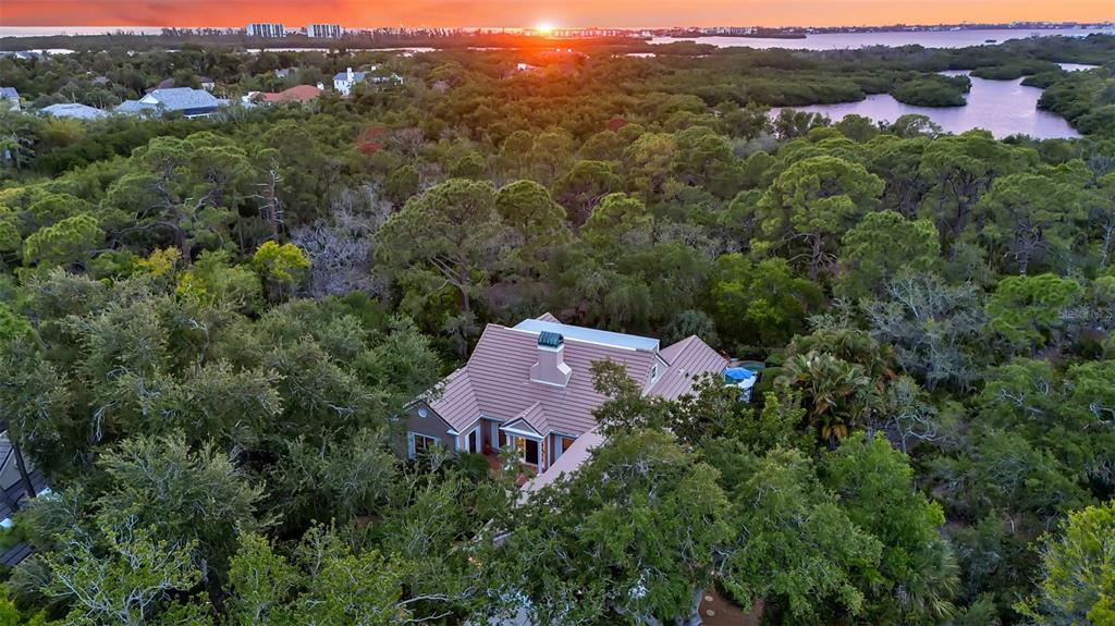 An aerial view of a house with a tiled roof surrounded by dense forest at sunset — 156 BISHOPS COURT ROAD, OSPREY, FL