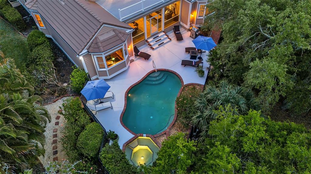 An aerial view shows a house with a pool, spa, patio, and surrounding landscaping — 156 BISHOPS COURT ROAD, OSPREY, FL