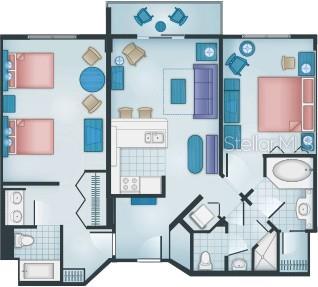 This is a floor plan of a two-bedroom apartment with a kitchen, living area, and balcony — 1960 BROADWAY UNIT 56B, LAKE BUENA VISTA, FL