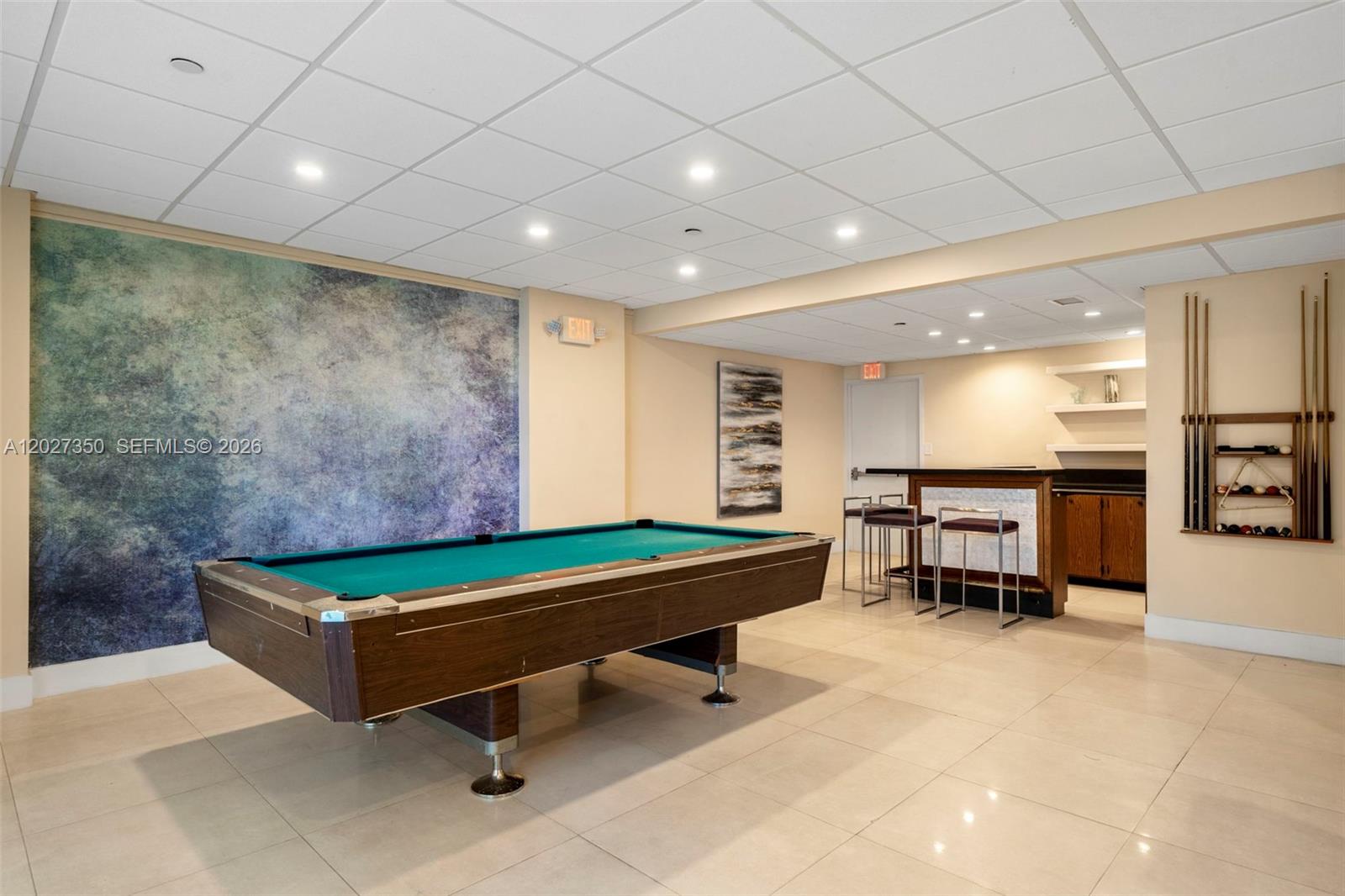 A game room features a pool table, a small bar with stools, and a wall mural — 3301 NE 5th Ave # 608, Miami FL 33137, MIAMI, FL