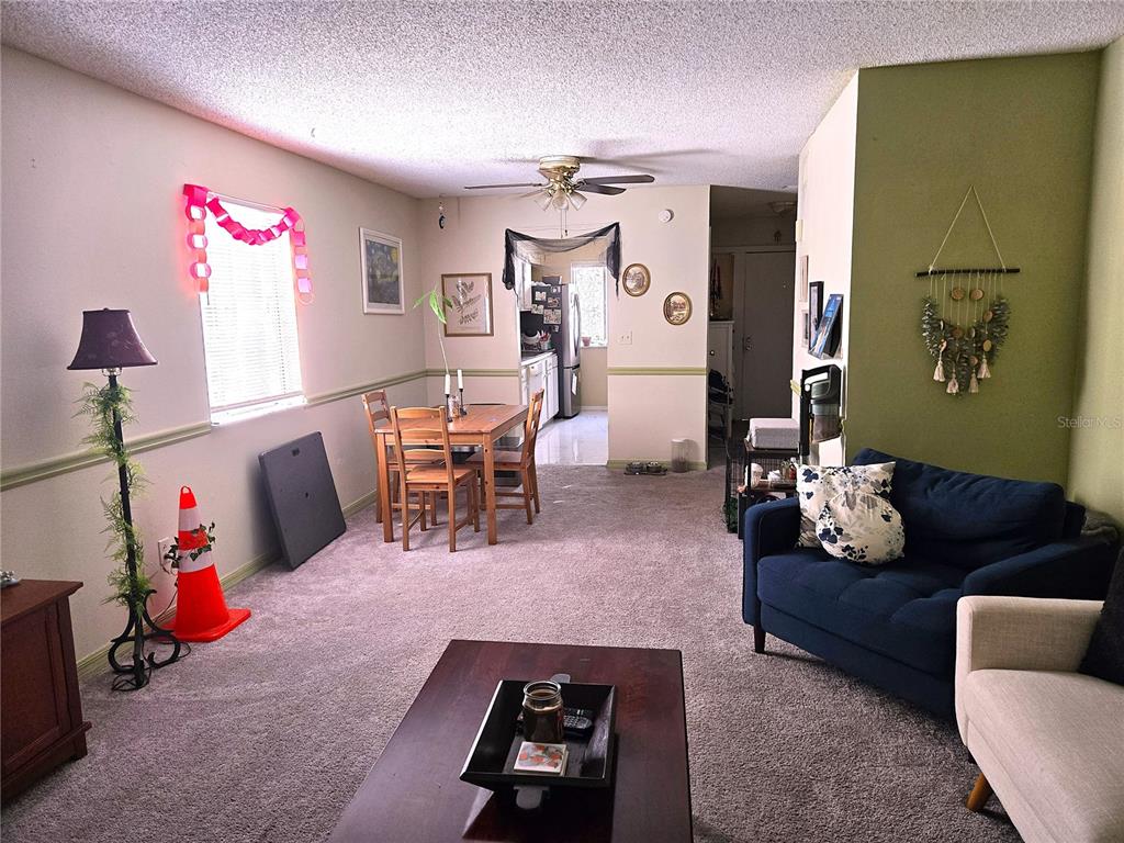A living room and dining area with carpeted floors, a ceiling fan, and blue furniture — 6519 W NEWBERRY ROAD UNIT 204, GAINESVILLE, FL