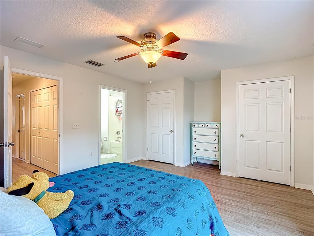 A bedroom features wood-look flooring, a blue bedspread, a ceiling fan, and multiple white doors — 2426 MIDDLETON GROVE DRIVE, BRANDON, FL
