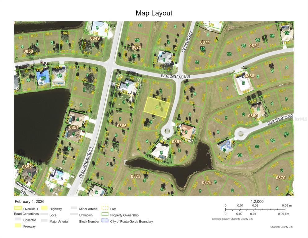 This is a map layout showing property lots, street names, and boundaries in a residential area — 16387 RABAT WAY, PUNTA GORDA, FL