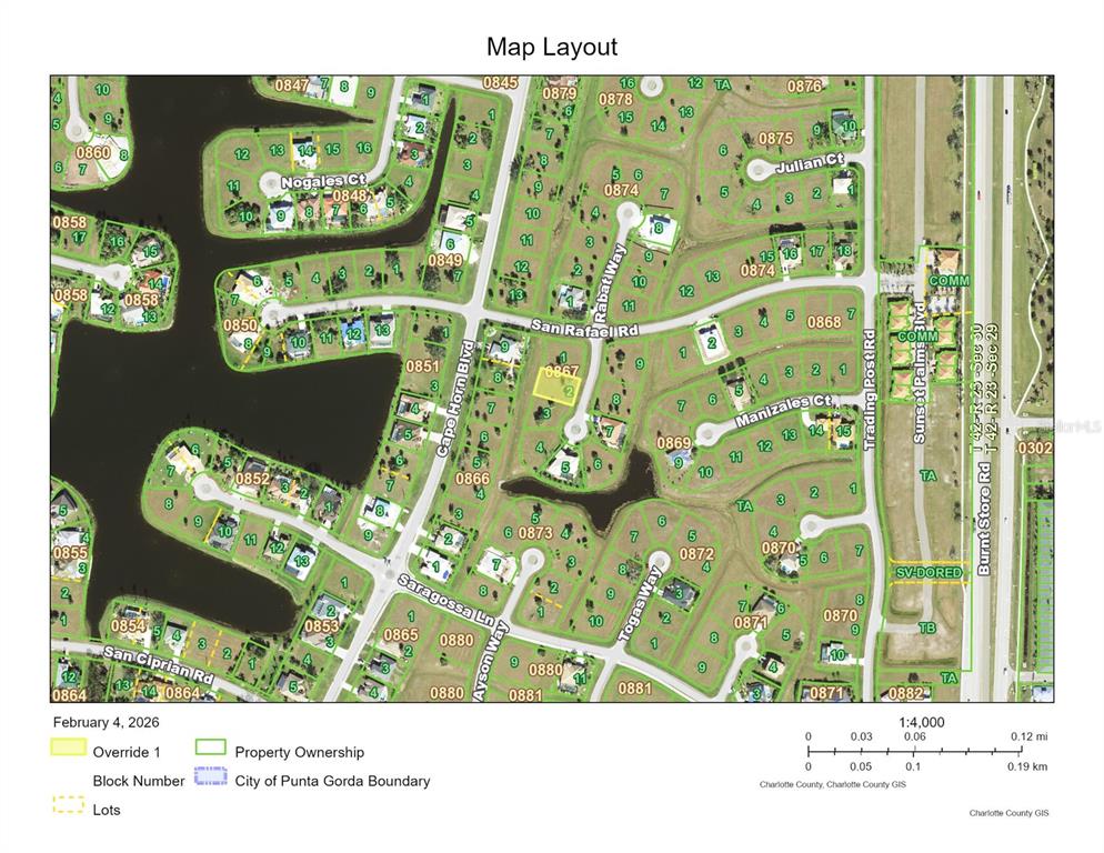 This is a map showing property lots and street layouts in a residential neighborhood — 16387 RABAT WAY, PUNTA GORDA, FL