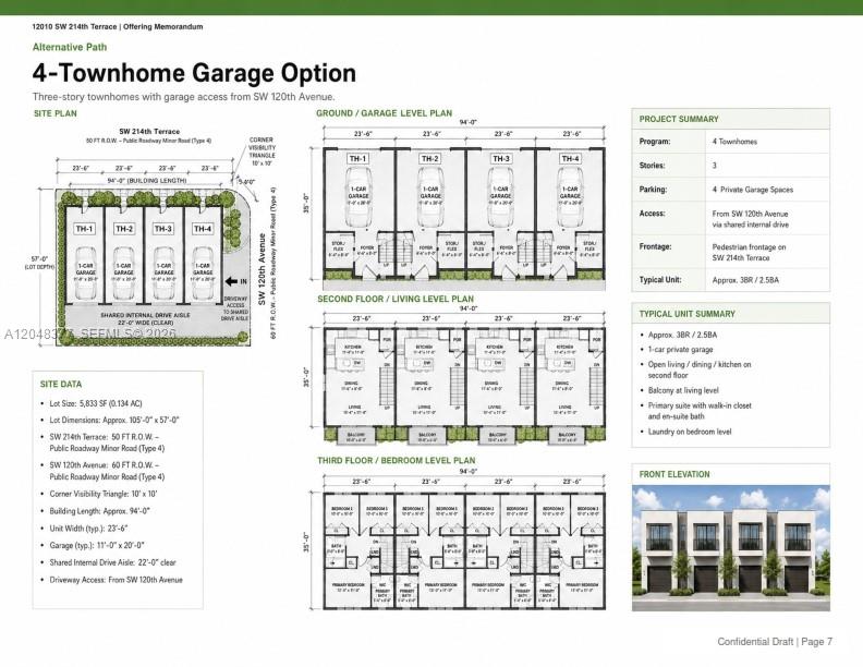This architectural rendering displays floor plans and a front elevation for a four-townhome development — 12010 SW 214th Ter, Miami FL 33177, MIAMI, FL