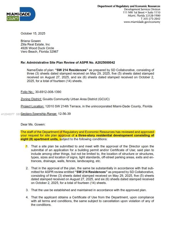 This is an official letter from Miami-Dade County approving a site plan for a development — 12010 SW 214th Ter, Miami FL 33177, MIAMI, FL