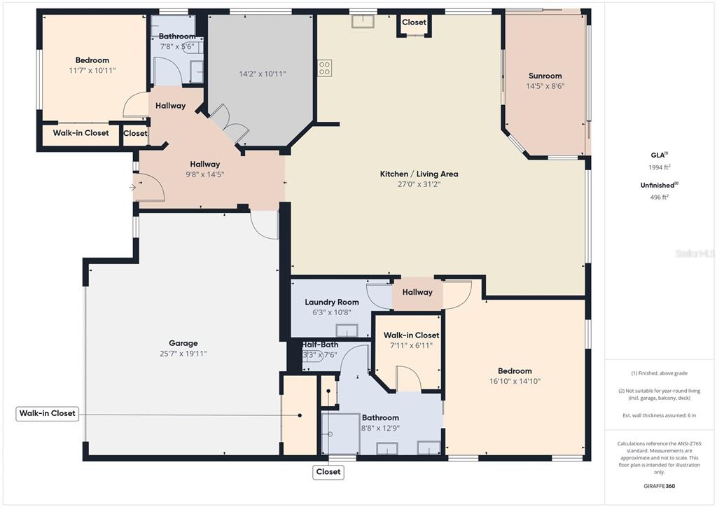 This is a floor plan showing a house layout with two bedrooms, a garage, and a sunroom — 375 SIMPSON STREET, THE VILLAGES, FL