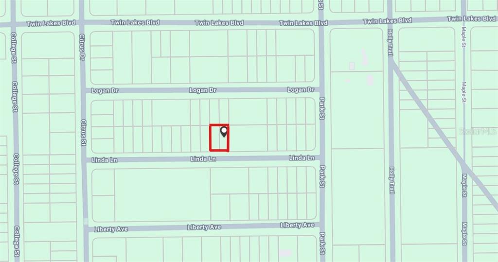This is a map showing a highlighted property lot located between Logan Drive and Linda Lane — 118 LINDA LANE, INTERLACHEN, FL