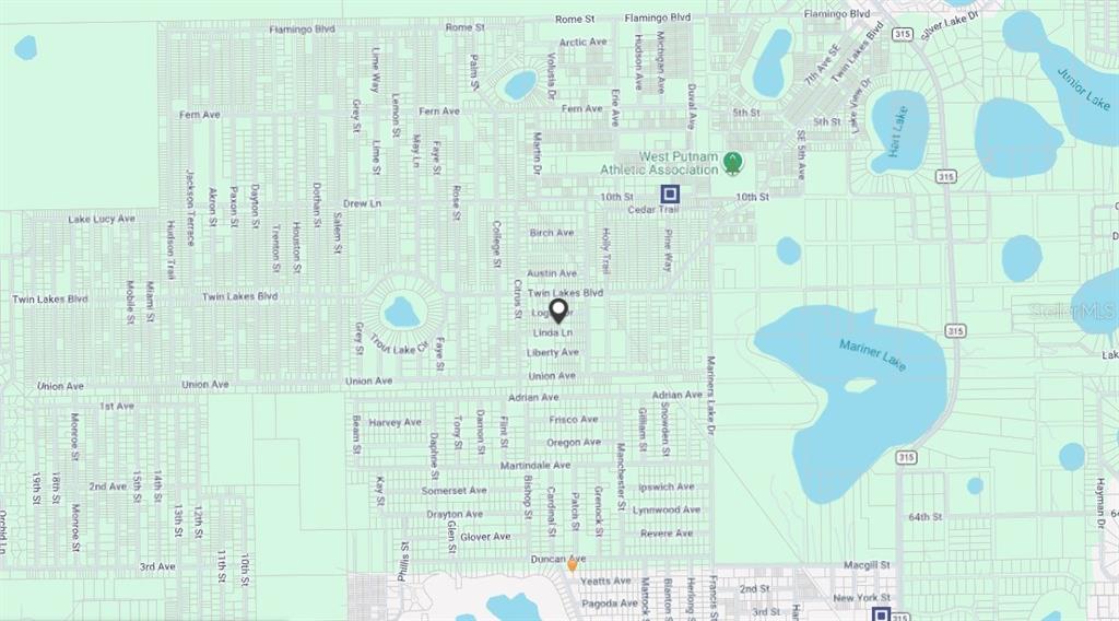 This image is a map showing streets and lakes in a residential area — 118 LINDA LANE, INTERLACHEN, FL