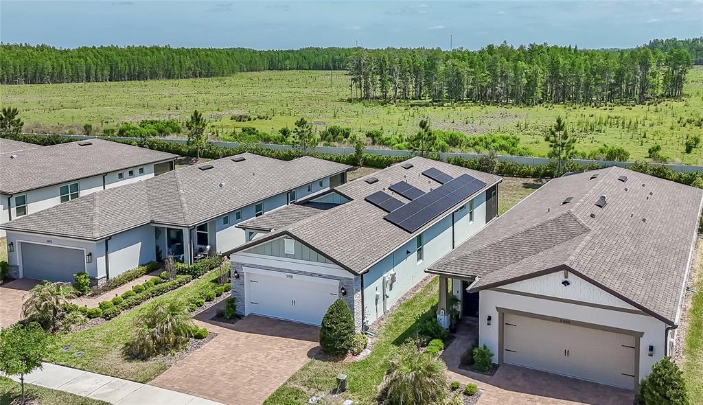 An aerial view shows three suburban houses with paved driveways and a solar panel array — 5981 SHOREBIRD BRANCH, LAND O LAKES, FL