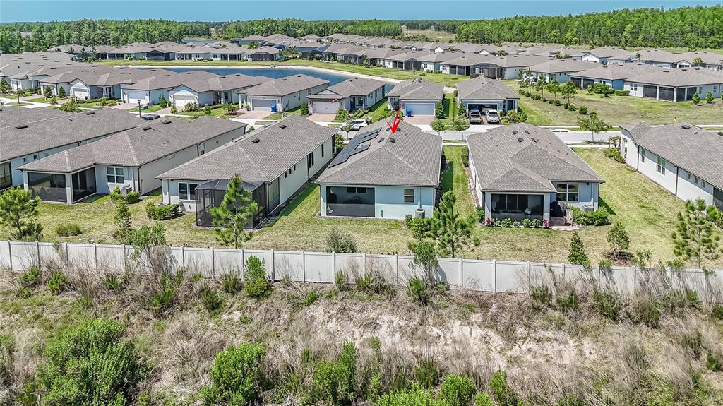 An aerial view shows a suburban neighborhood with single-family homes and a fenced backyard — 5981 SHOREBIRD BRANCH, LAND O LAKES, FL