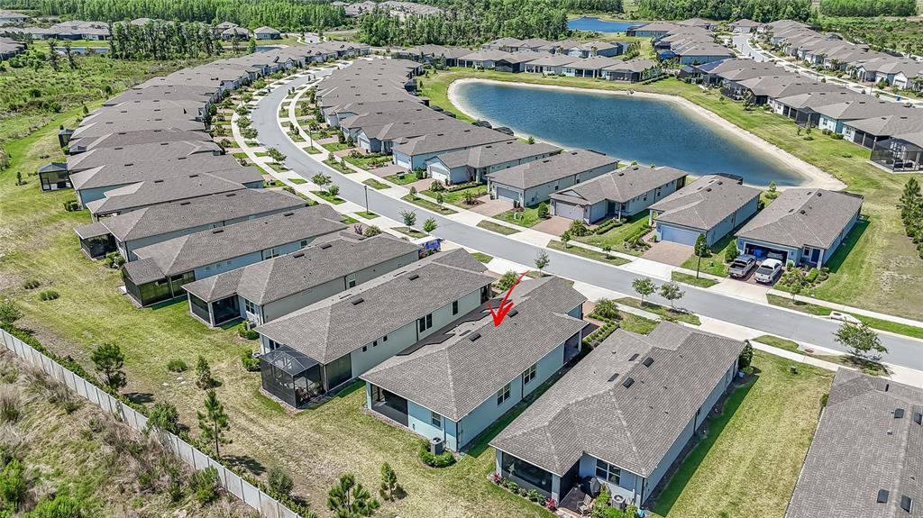 An aerial view shows a suburban neighborhood with a red arrow pointing to a house — 5981 SHOREBIRD BRANCH, LAND O LAKES, FL