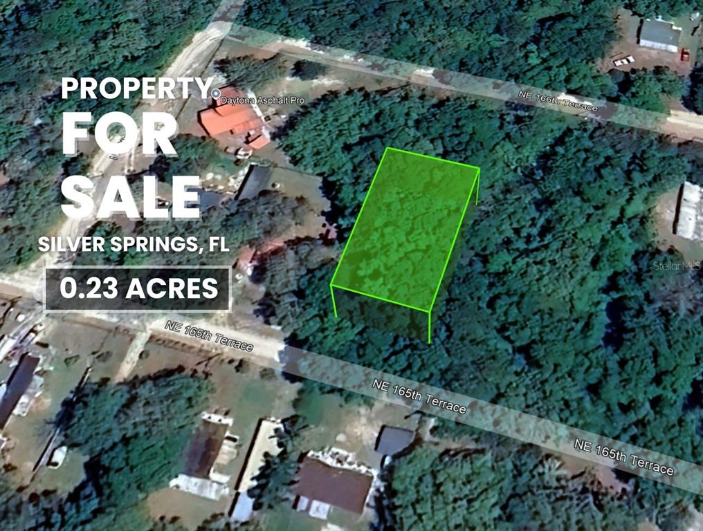 An aerial map shows a rectangular 0.23-acre plot of land highlighted in green — NE 165TH TERRACE, SILVER SPRINGS, FL