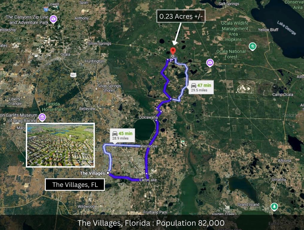 This map shows a driving route between The Villages, Florida, and a 0.23-acre property — NE 165TH TERRACE, SILVER SPRINGS, FL