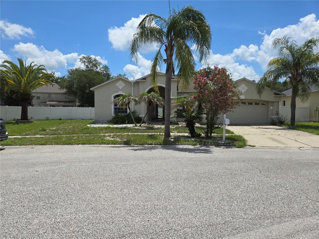 A single-story house with a beige stucco exterior, a two-car garage, and several palm trees — 4106 BALINGTON DRIVE, VALRICO, FL