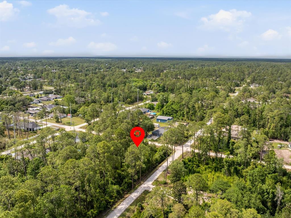 An aerial view shows a wooded residential lot marked with a red location pin — 1490 10TH AVENUE, DELAND, FL