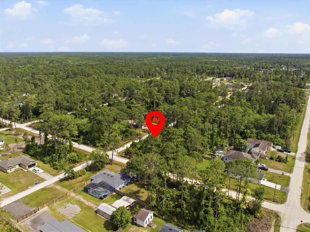 An aerial view shows a red location pin over a wooded residential lot — 1490 10TH AVENUE, DELAND, FL