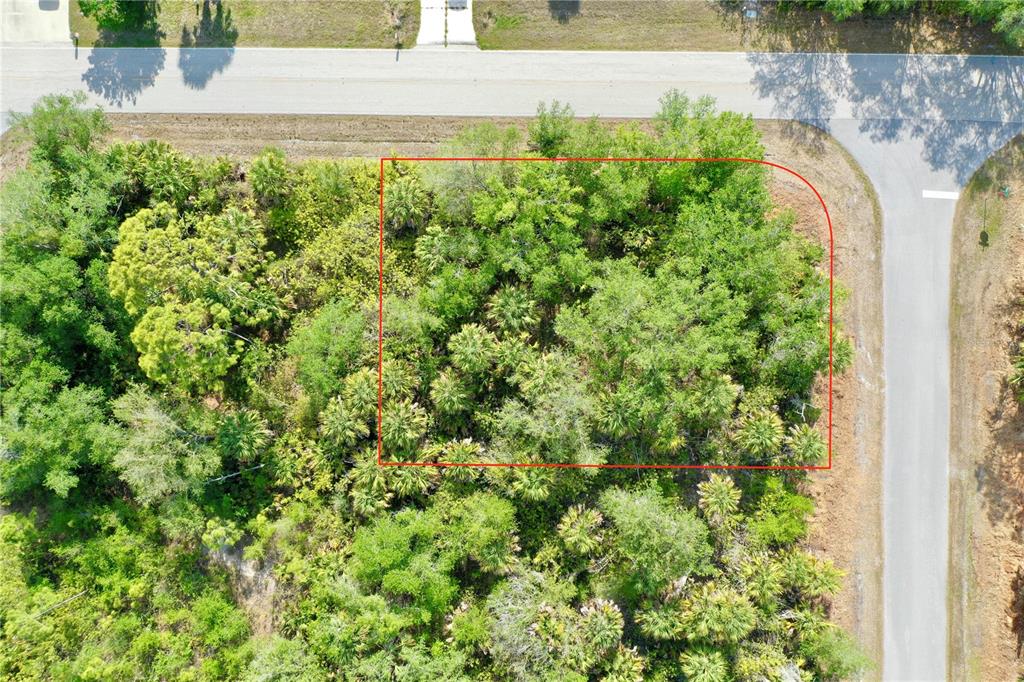 An aerial view shows a wooded, rectangular corner lot outlined in red next to roads — 12023 LEROY AVENUE, PORT CHARLOTTE, FL