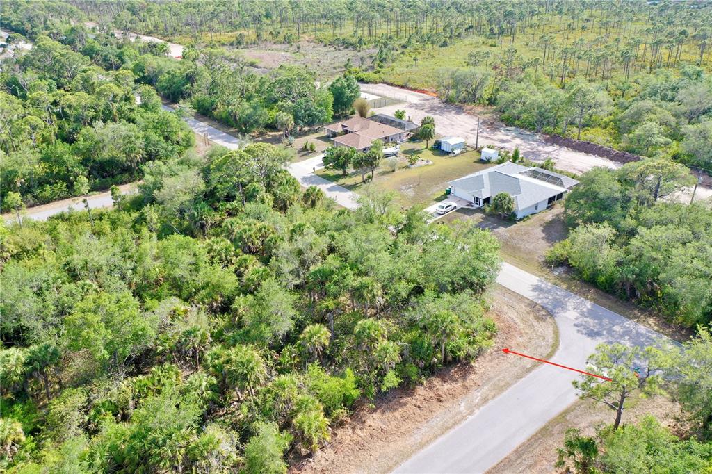 An aerial view shows two houses surrounded by dense trees and a paved road — 12023 LEROY AVENUE, PORT CHARLOTTE, FL