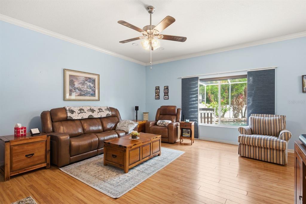 A living room with light blue walls, wood flooring, a leather sofa, and a ceiling fan — 384 WINGATE CIRCLE, OLDSMAR, FL