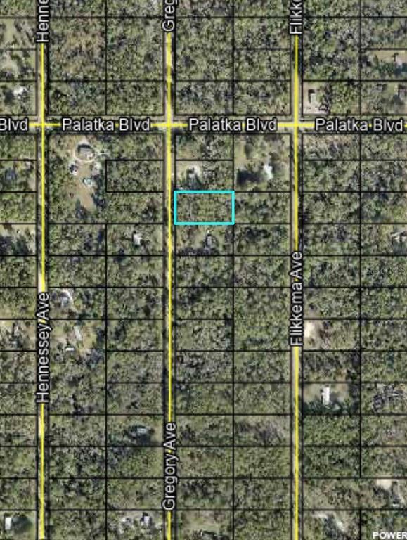 This is an aerial map showing a rectangular property highlighted in blue near intersecting roads — 10620 GREGORY AVENUE, HASTINGS, FL