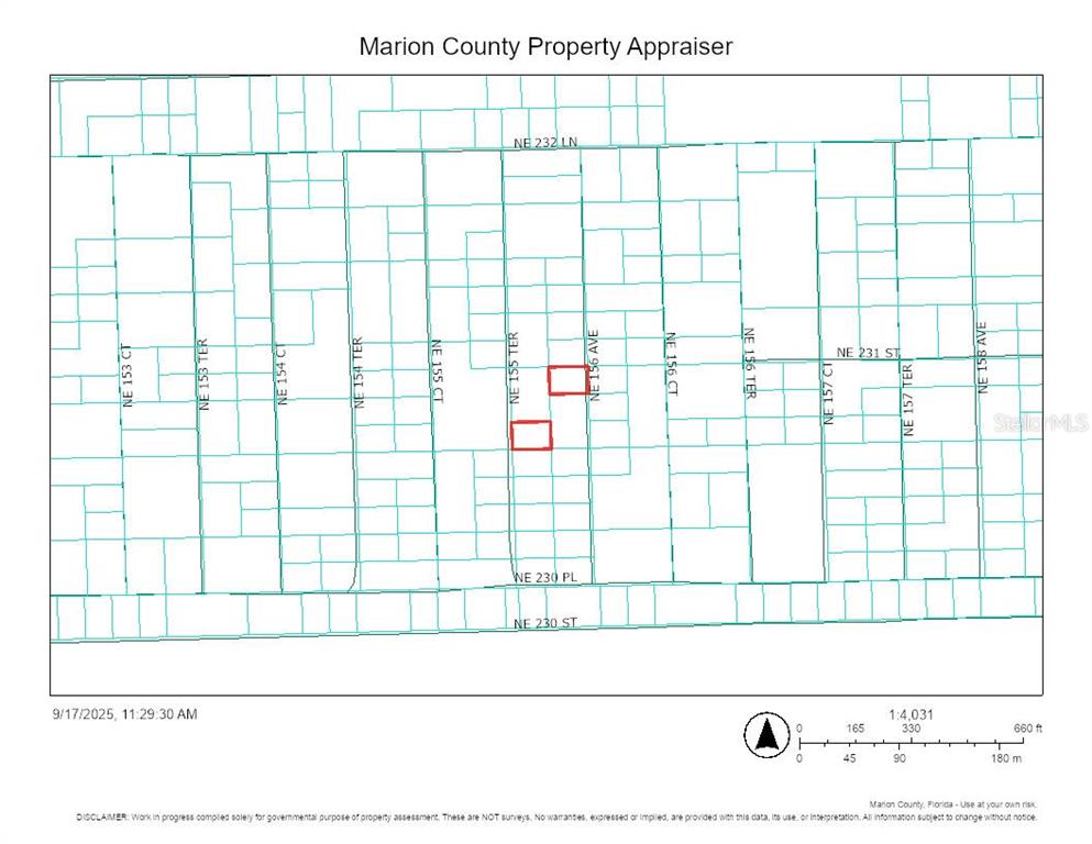 This is a property tax map showing land parcels and street names in Marion County — 23070 NE 155TH COURT, FORT MC COY, FL