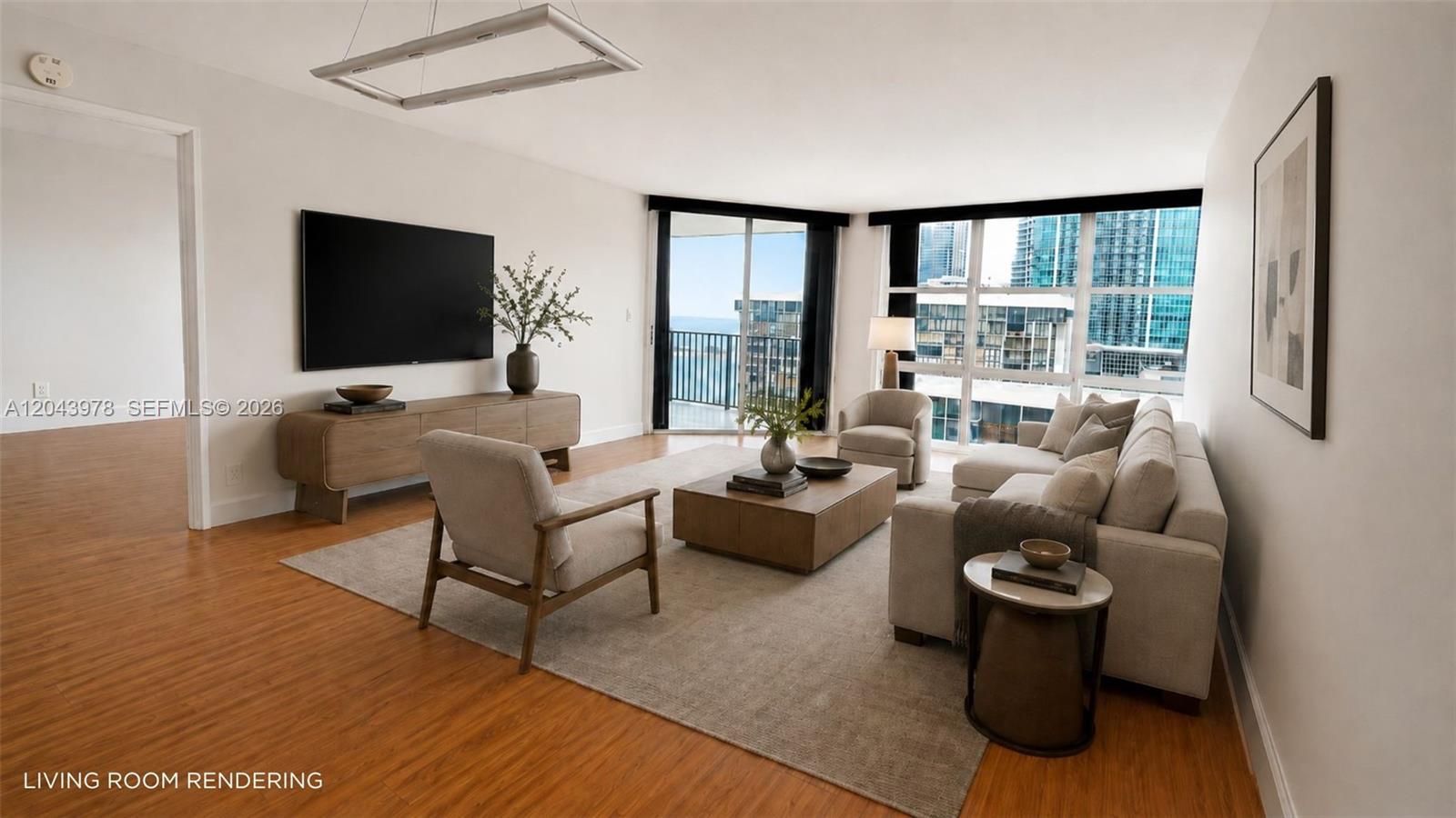 This living room rendering features a sofa, armchairs, coffee table, and large windows with views — 1901 Brickell Av # B2203, Miami FL 33129, MIAMI, FL