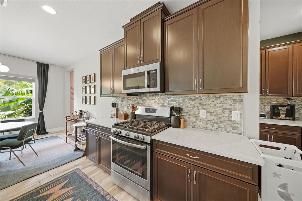 A kitchen features dark wood cabinets, stainless steel appliances, and a light-colored stone countertop — 4801 BALLANTRAE BOULEVARD, LAND O LAKES, FL