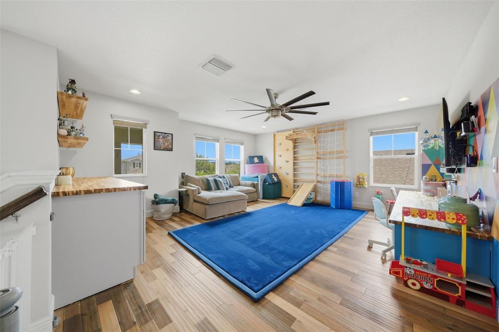 A playroom with a blue area rug, climbing wall, and a desk with a popcorn cart — 4801 BALLANTRAE BOULEVARD, LAND O LAKES, FL