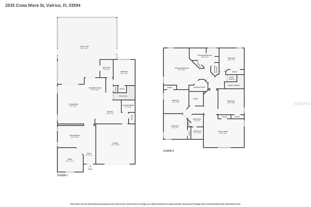This image is a two-story floor plan showing the layout of a residential home — 2535 CROSS MORE STREET, VALRICO, FL