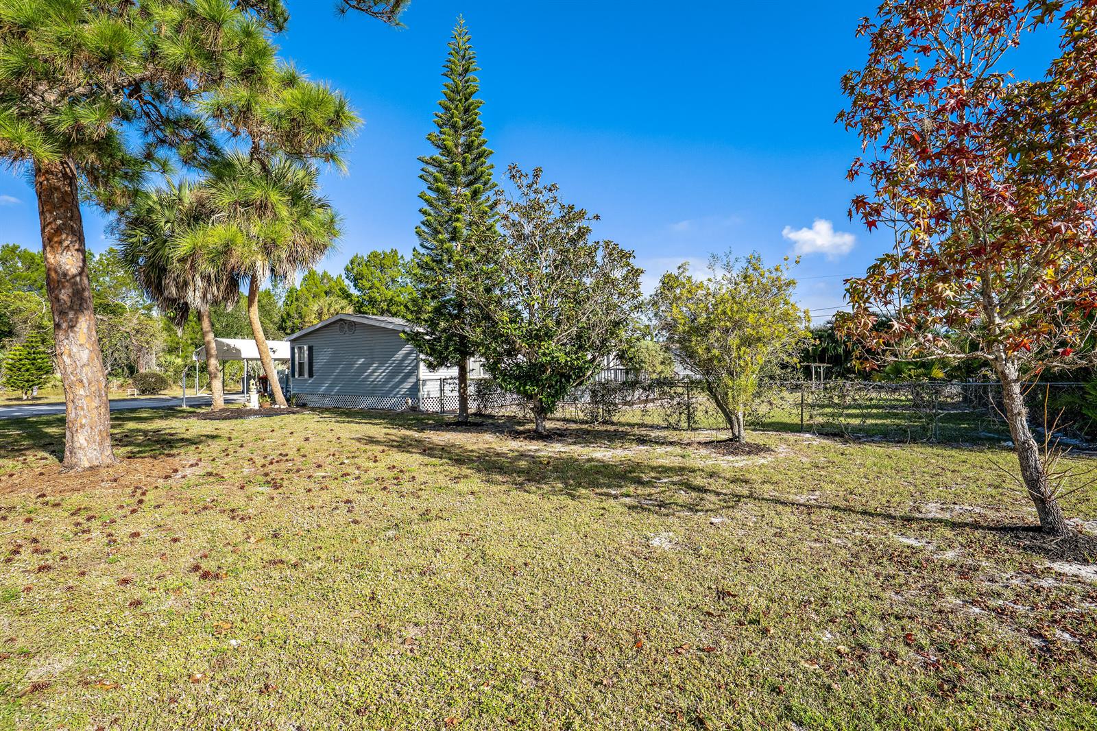 A grassy yard with several trees and a light-colored mobile home in the background — 7990 129th Place, Sebastian FL 32958, SEBASTIAN, FL