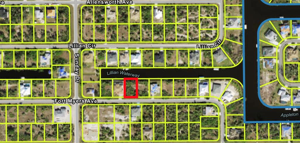 This is a satellite map showing a vacant residential lot highlighted in red — 14408 FORT MYERS AVENUE, PORT CHARLOTTE, FL