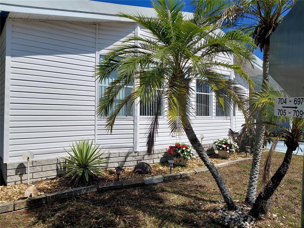 The exterior of a white mobile home features a palm tree and landscaped flower beds — 1001 STARKEY ROAD UNIT 704, LARGO, FL