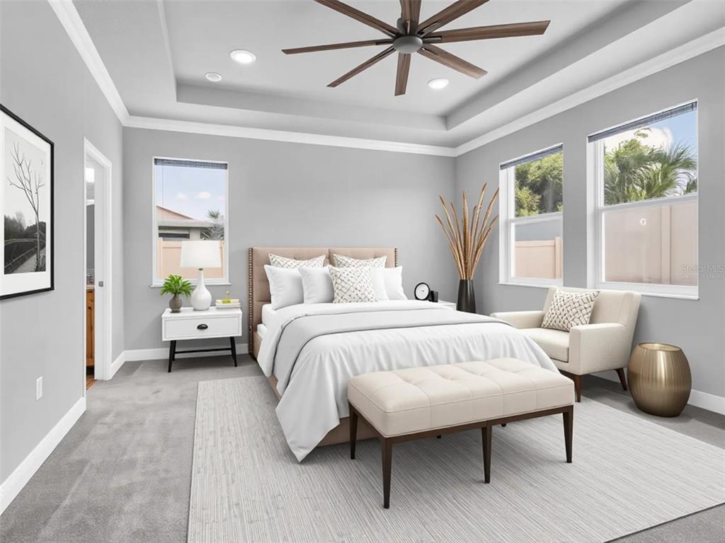 A bedroom features a tray ceiling, gray walls, carpeted flooring, and a bed with neutral bedding — 1461 N RIVER CIRCLE, TARPON SPRINGS, FL