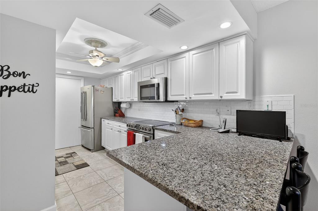 A kitchen features white cabinets, granite countertops, stainless steel appliances, and a breakfast bar — 100 S TREMAIN STREET UNIT F1, MOUNT DORA, FL