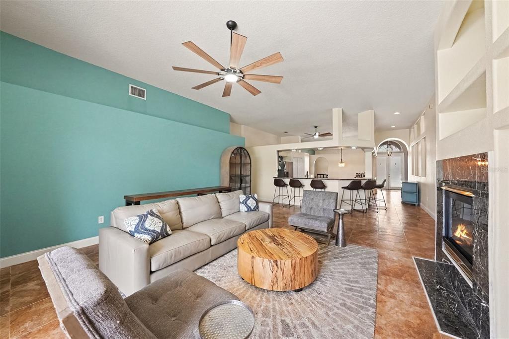 A living room features a teal accent wall, a fireplace, and a wooden coffee table — 18425 EASTWYCK DR, TAMPA, FL
